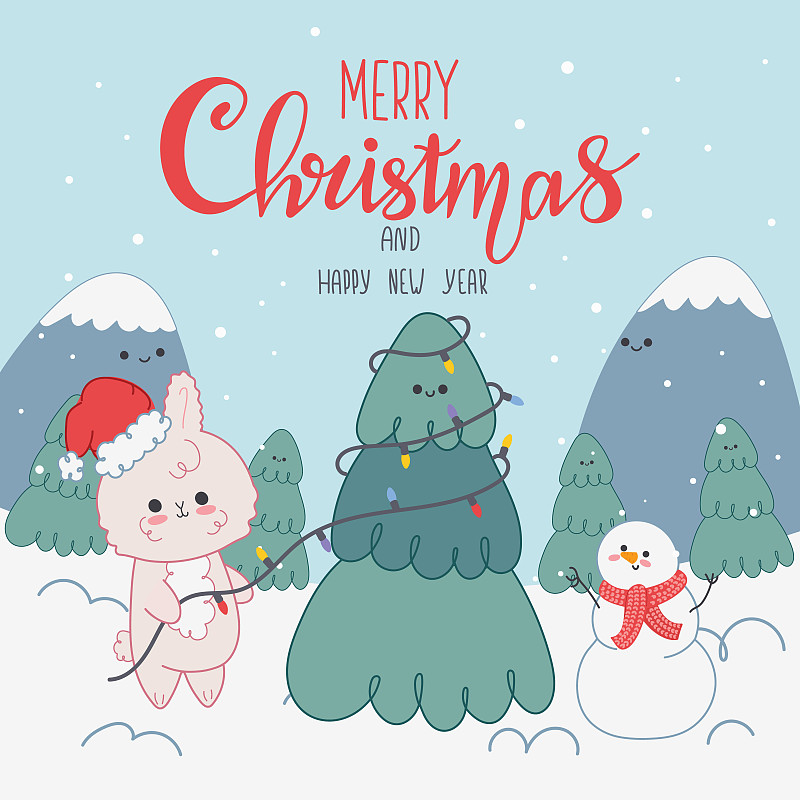 矢量插图圣诞贺卡与可爱的兔子和雪人装饰圣诞树。冬季景观与字母图片下载