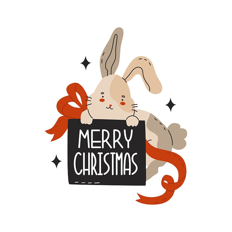 兔子拿着一个圣诞快乐的牌子。兔子是中国新年的象征。圣诞节或复活节兔子的贺卡。星座。卡通风格的矢量插图图片下载
