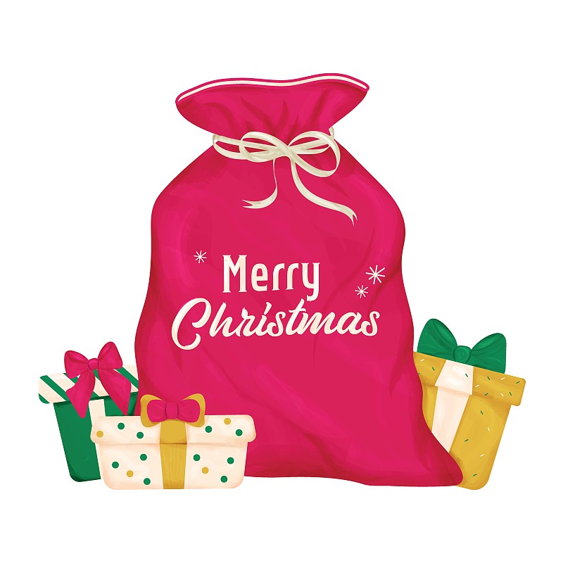 礼品盒套装和礼品袋。一大堆礼品盒用节日包装纸包装，上面有黄色和红色的丝带和蝴蝶结。红色的圣诞老人大袋子。图片下载