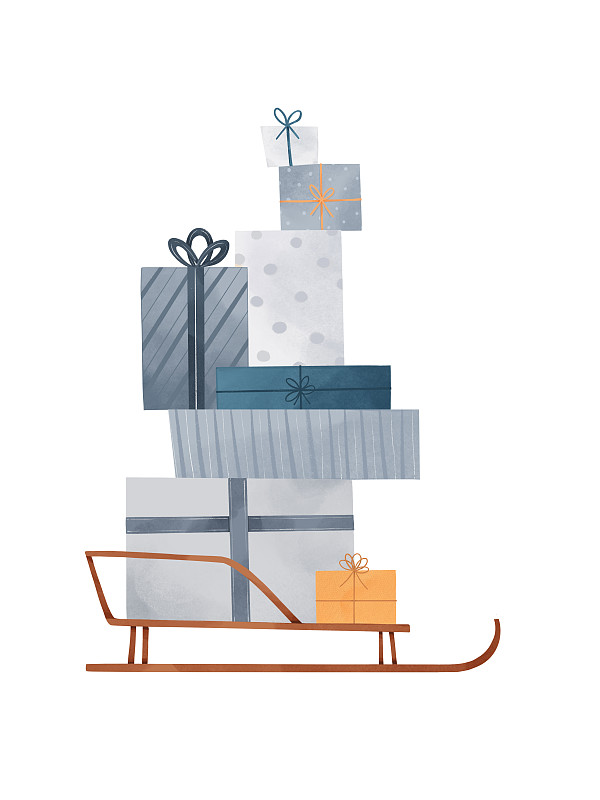冬季手绘插图-雪橇与圣诞礼物。蓝色和黄色的礼盒。惊喜。完美的文章，家庭装饰，印刷，明信片图片下载