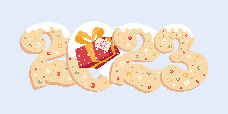 2023年圣诞饼干号新年快乐。节日的现实装饰。庆祝晚会2023，网络海报，横幅，封面卡片，小册子，传单，版式设计。白色背景图片下载