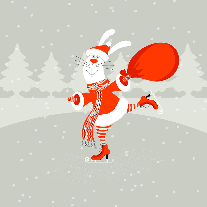 可爱的圣诞老人兔子或兔子拿着红色的礼物袋在雪林背景滑冰。可编辑的圣诞和新年矢量插图图片下载