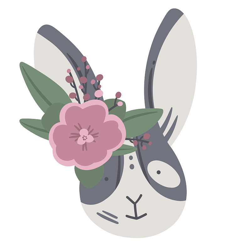 可爱的灰兔卡通，头上有花。兔子图片下载