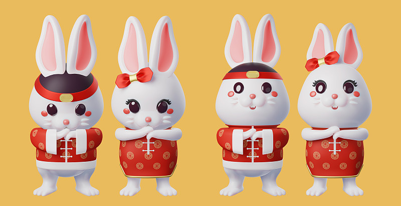 兔子卡通吉祥物穿着传统服装谢谢你的姿势为中国新年的概念与剪影路径，3d渲染图片下载