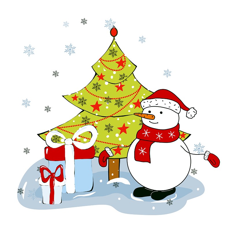 雪人与圣诞树和礼物。设计圣诞卡或邀请模板。插画，平面设计。下载