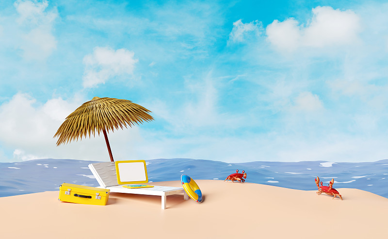沙滩椅，伞，棕榈树，救生圈，海边，螃蟹，行李箱孤立在蓝天背景上。夏季旅游概念，3d插图或3d渲染图片下载