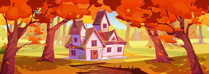 秋天的风景与森林和村庄的房子图片下载