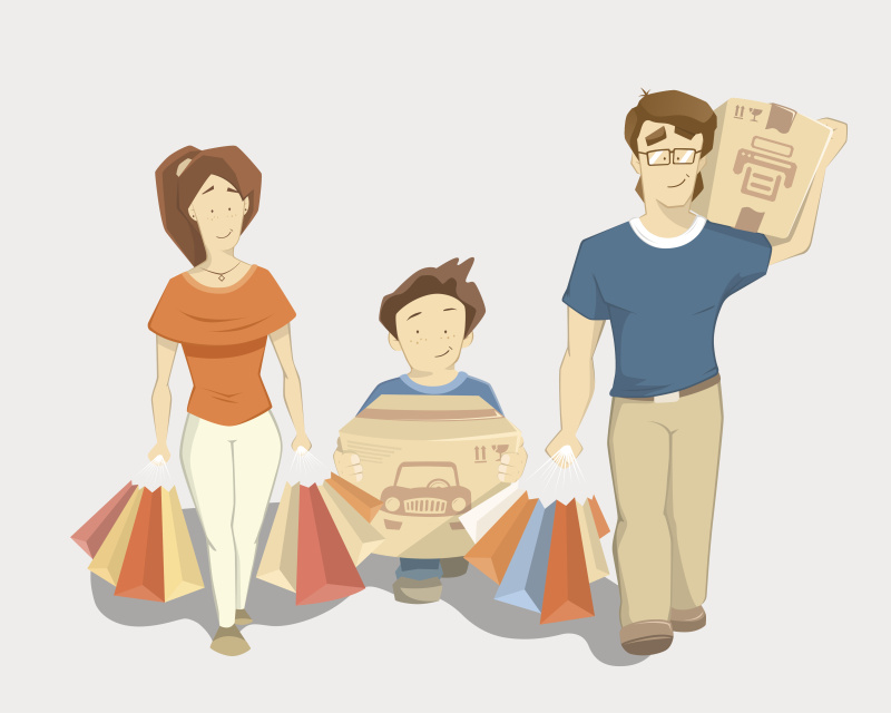 幸福家庭与纸袋购物袋图片下载