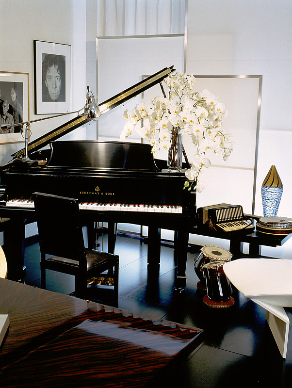 黑白瓷砖的客厅，钢琴上放着兰花图片下载