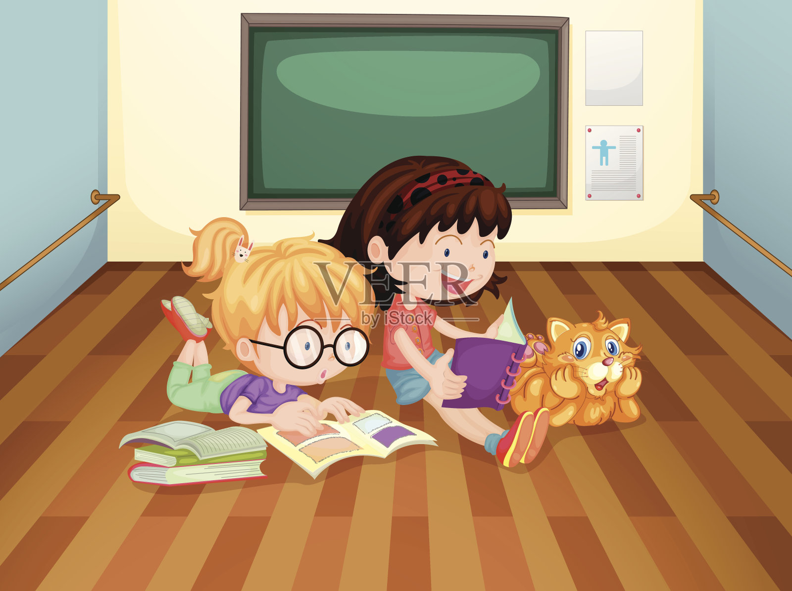 两个女孩在一个房间里看书插画图片素材