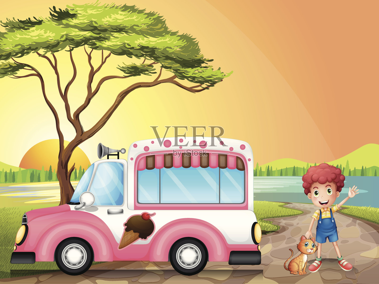 男孩和猫在冰淇淋车旁边插画图片素材