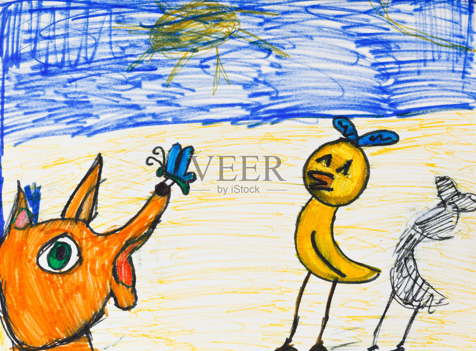 狐狸，小鸡和蝴蝶在户外插画图片素材