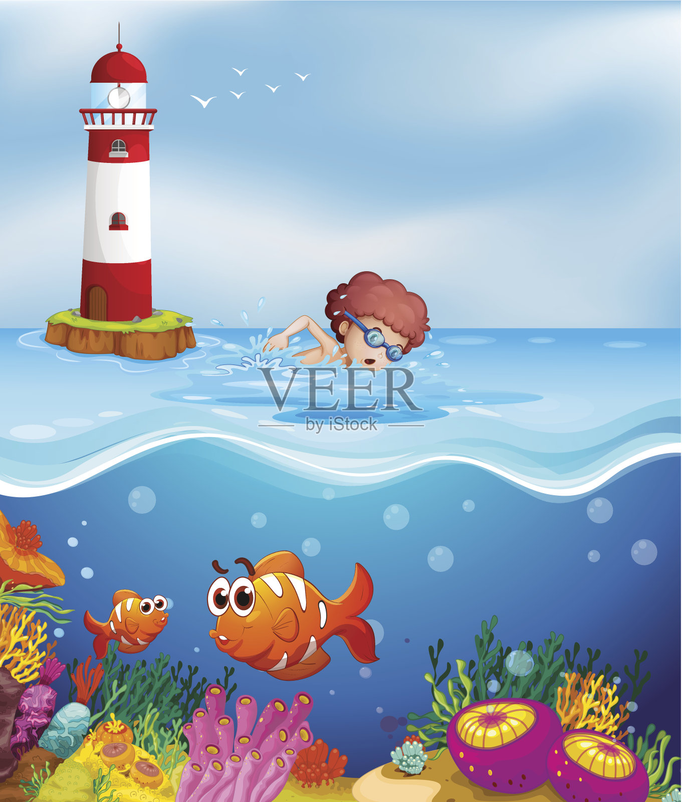 男孩和鱼和珊瑚在海滩游泳插画图片素材