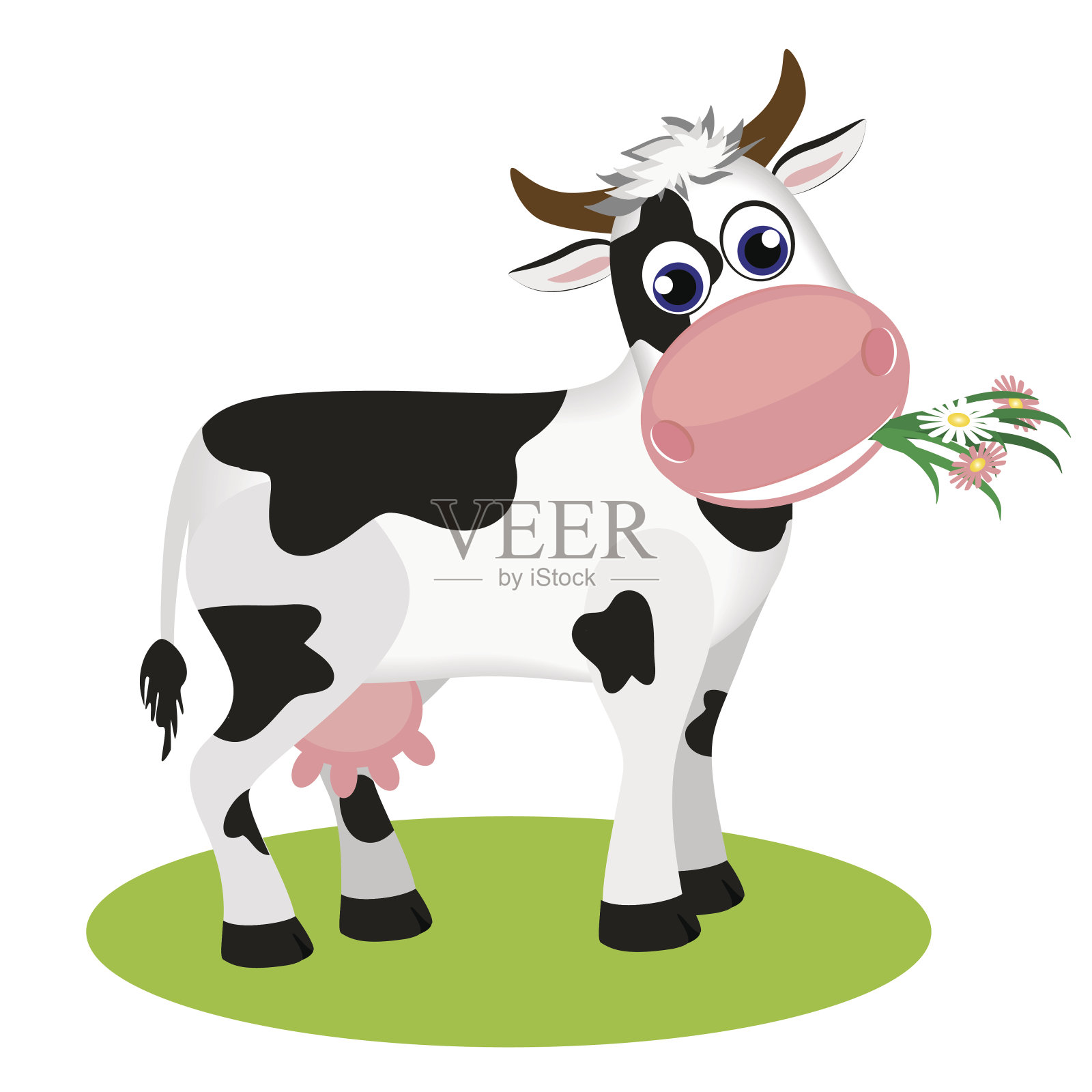可爱的黑白奶牛吃雏菊插画图片素材