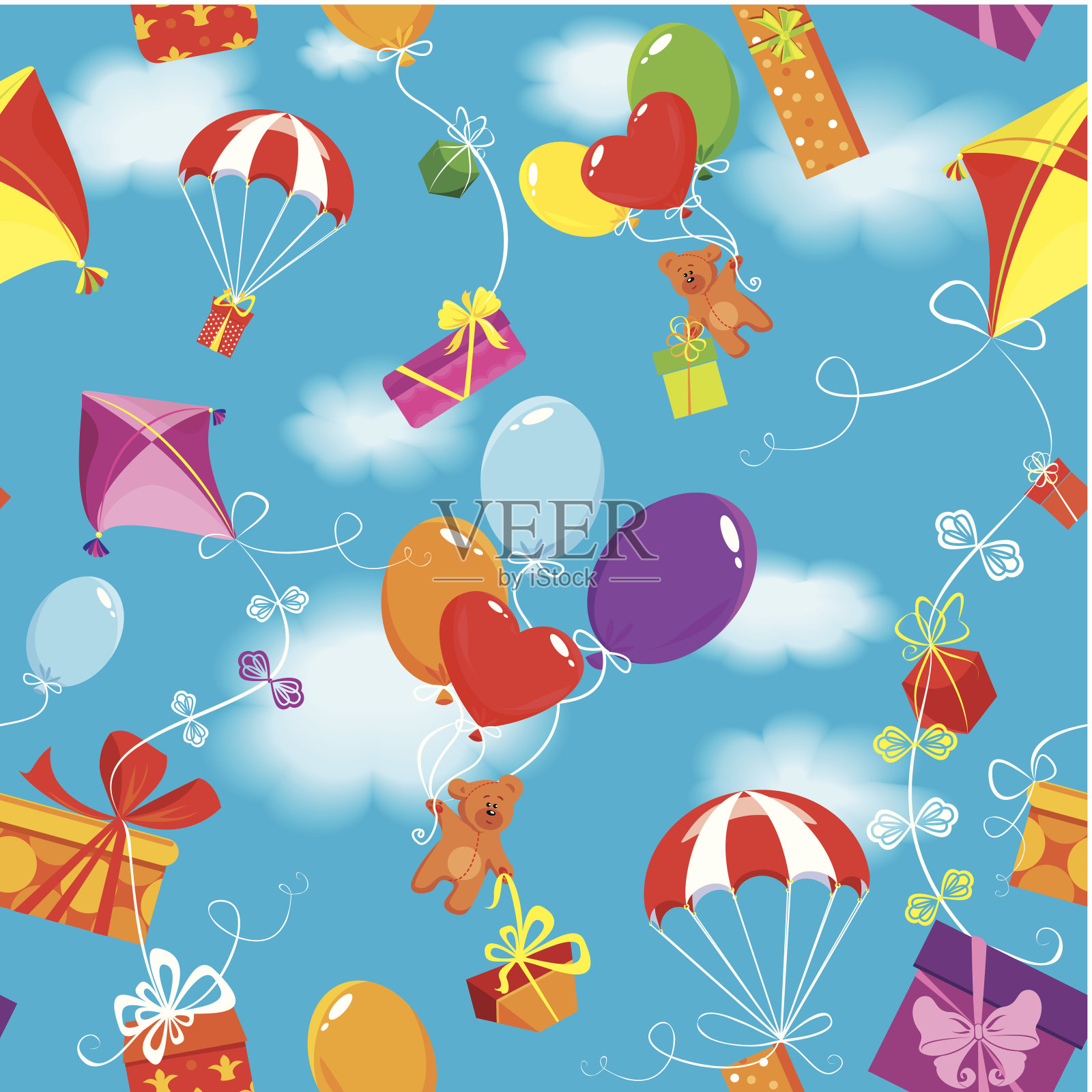 无缝图案的彩色礼品盒，礼品，气球，风筝，降落伞插画图片素材