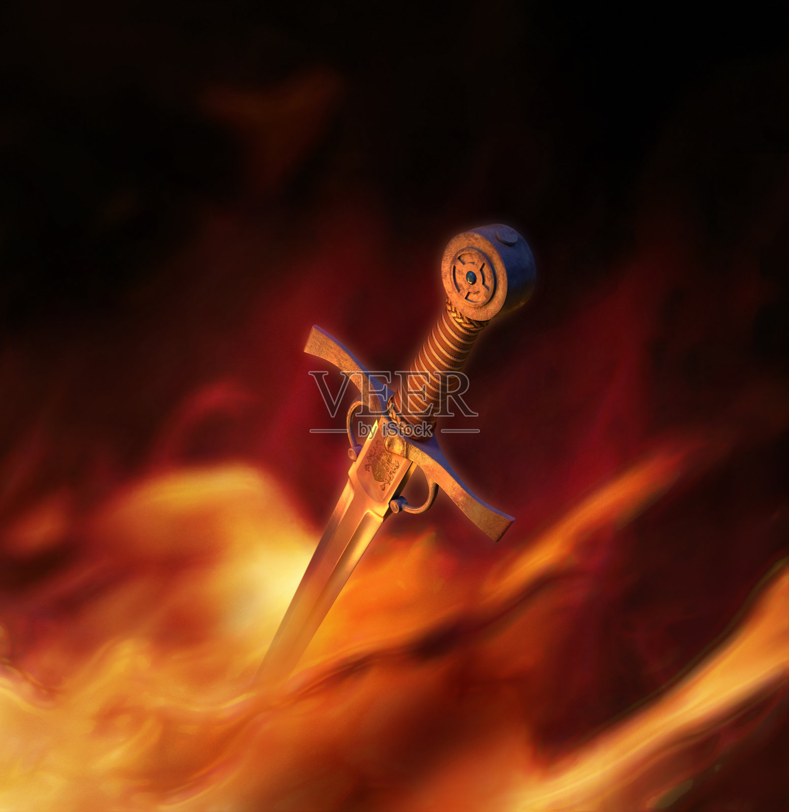 三维插图的中世纪剑在火设计元素图片