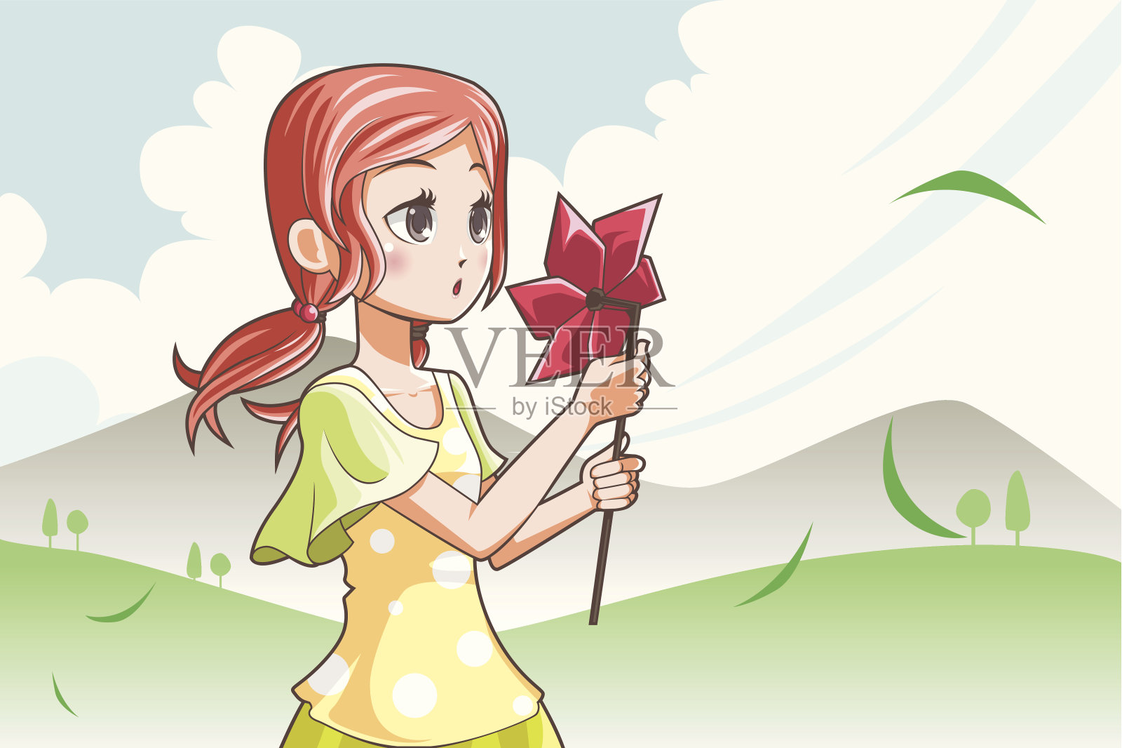 女孩吹纸风车插画图片素材