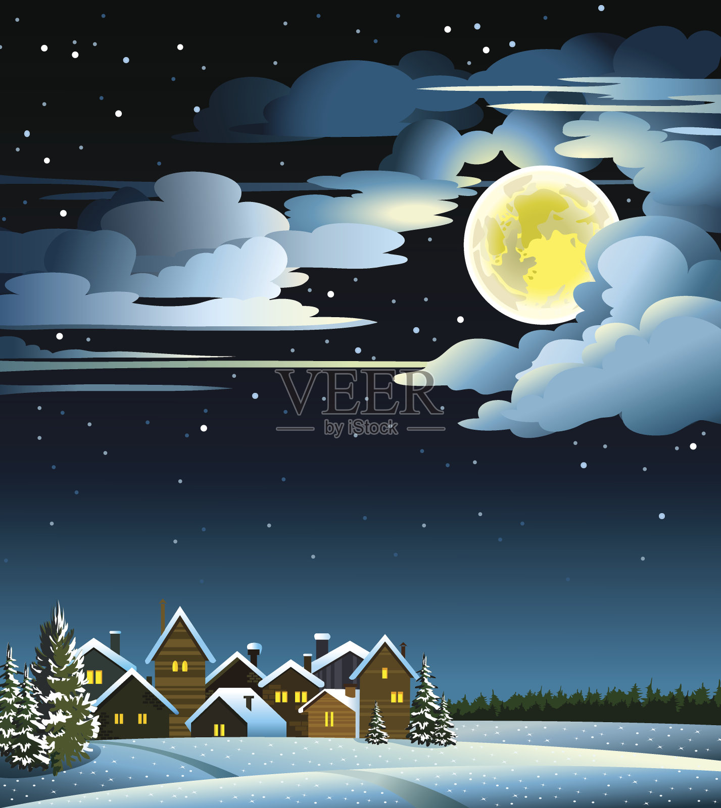 月亮和房子冬天插画图片素材