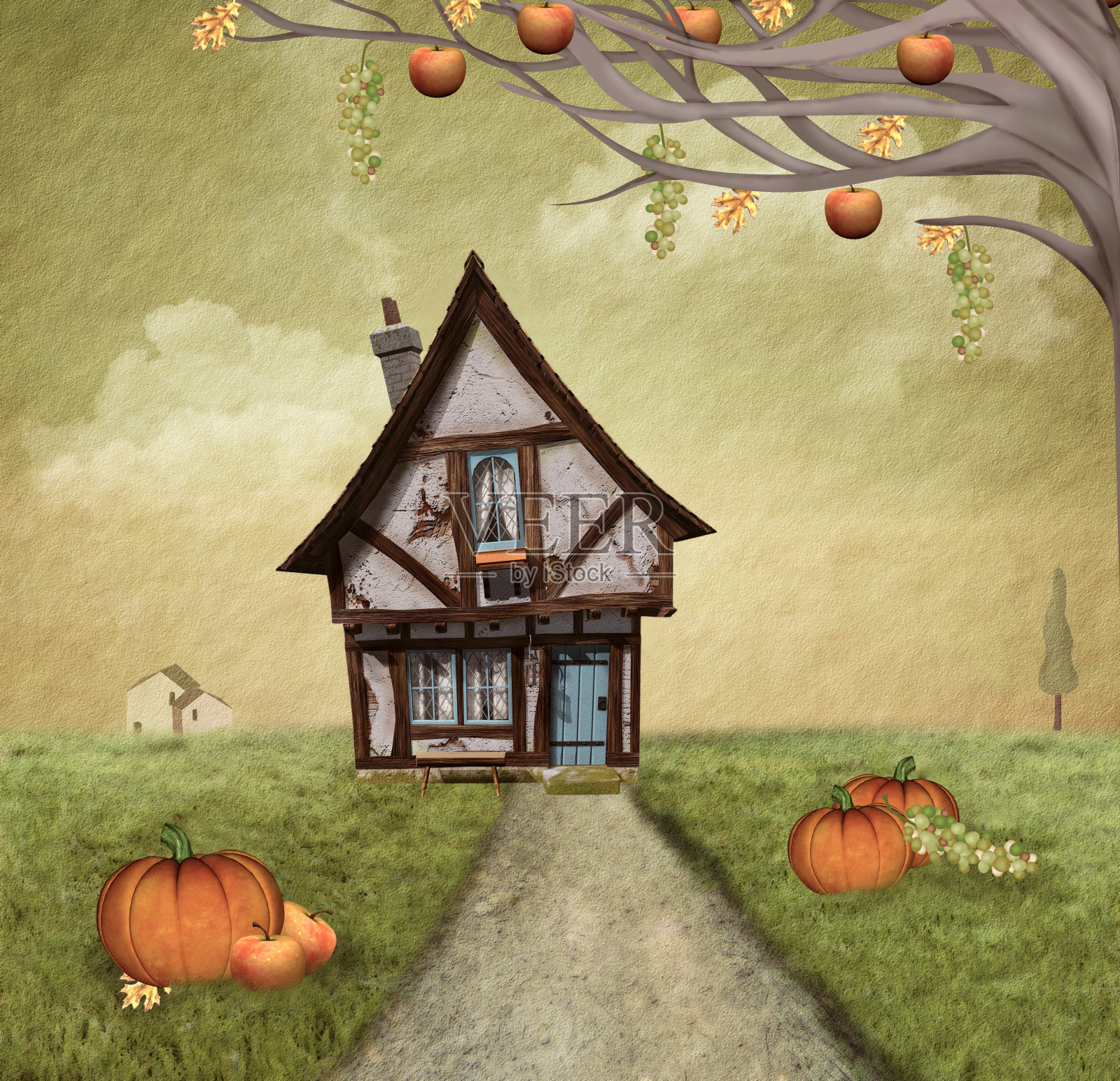 秋天的房子插画图片素材