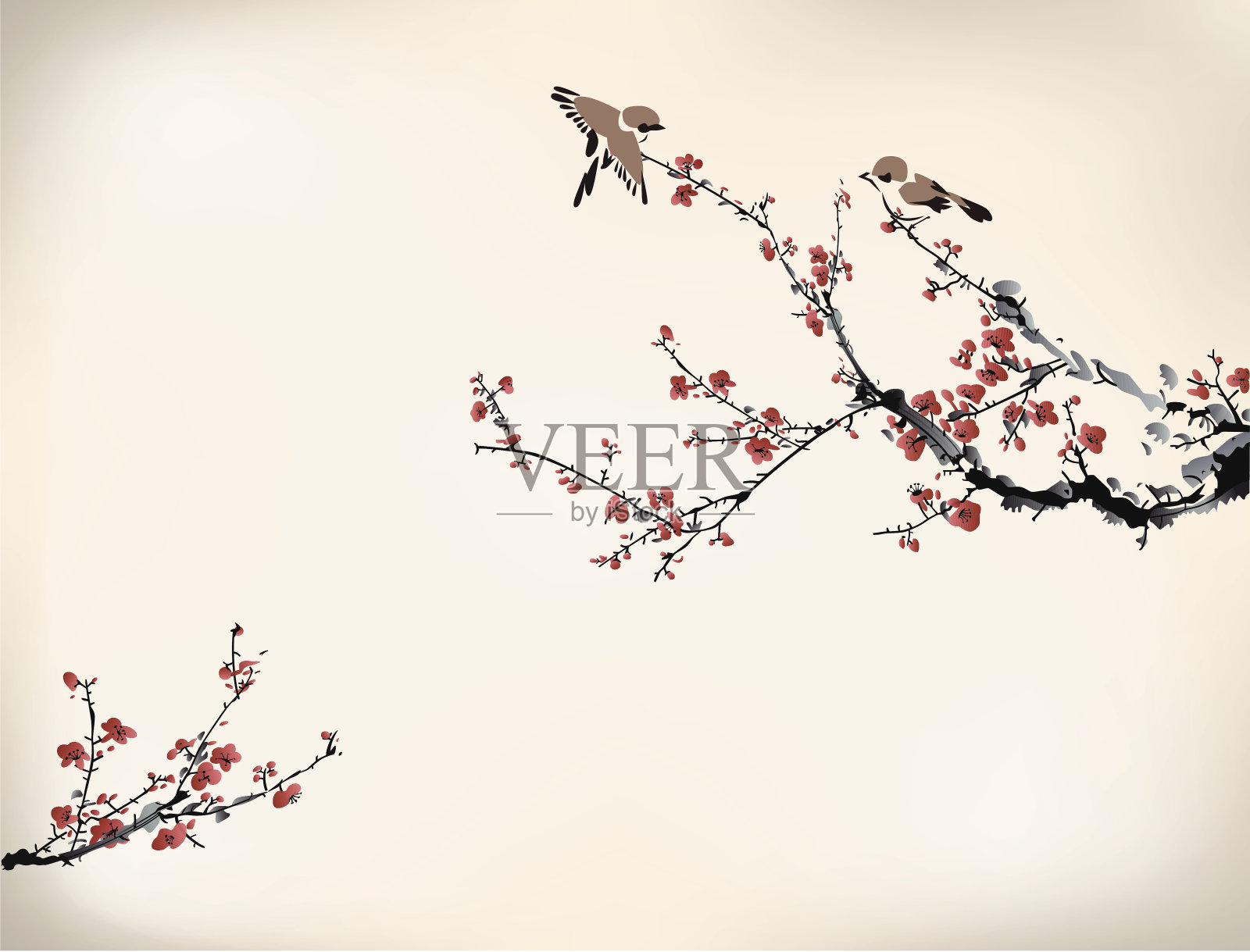 冬天日本樱桃树上的鸟的数码画插画图片素材