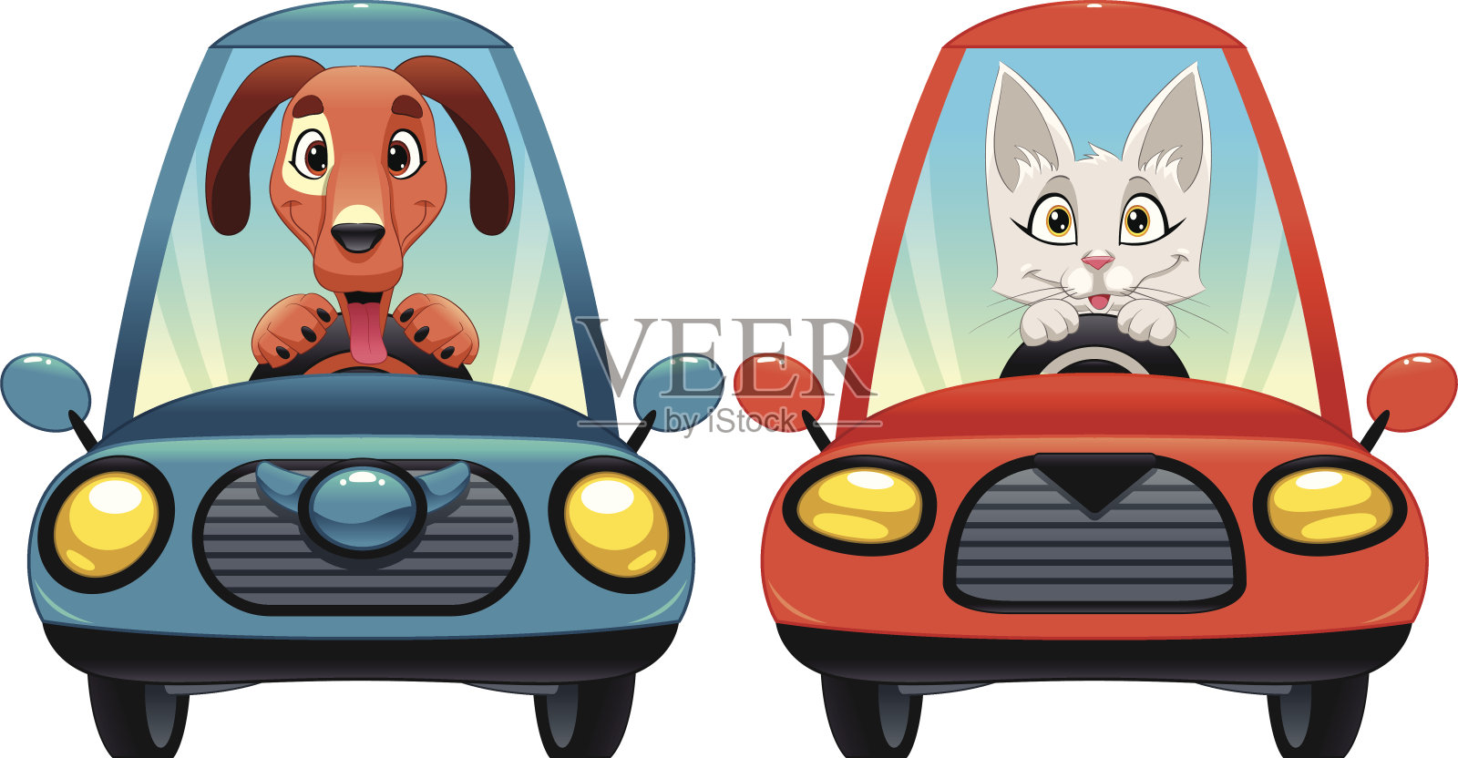 车里的动物:狗和猫。插画图片素材