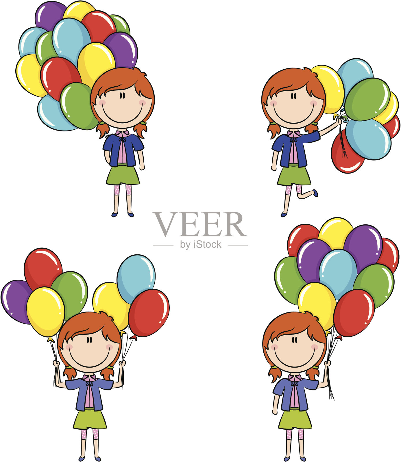 可爱的女孩和彩色气球插画图片素材