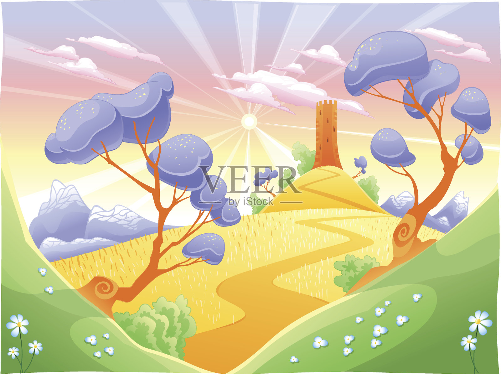 彩色的风景插图与一个塔插画图片素材