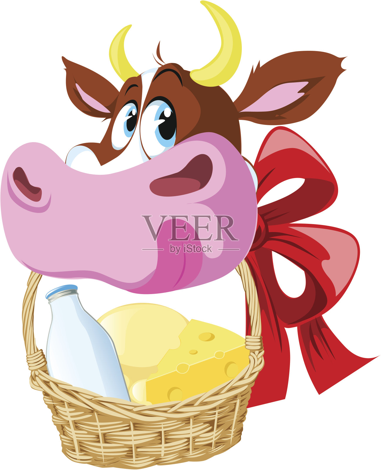 抱着牛奶和奶酪篮子的奶牛插画图片素材