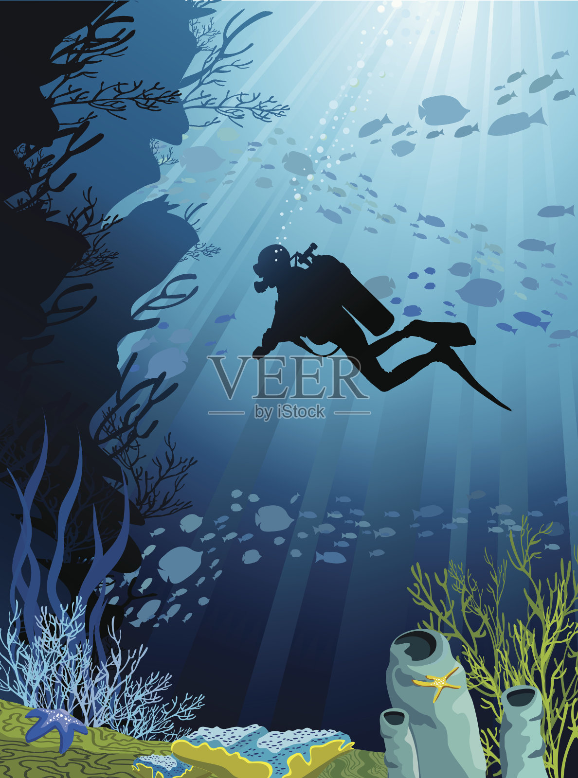 美丽的珊瑚礁和潜水员的剪影插画图片素材