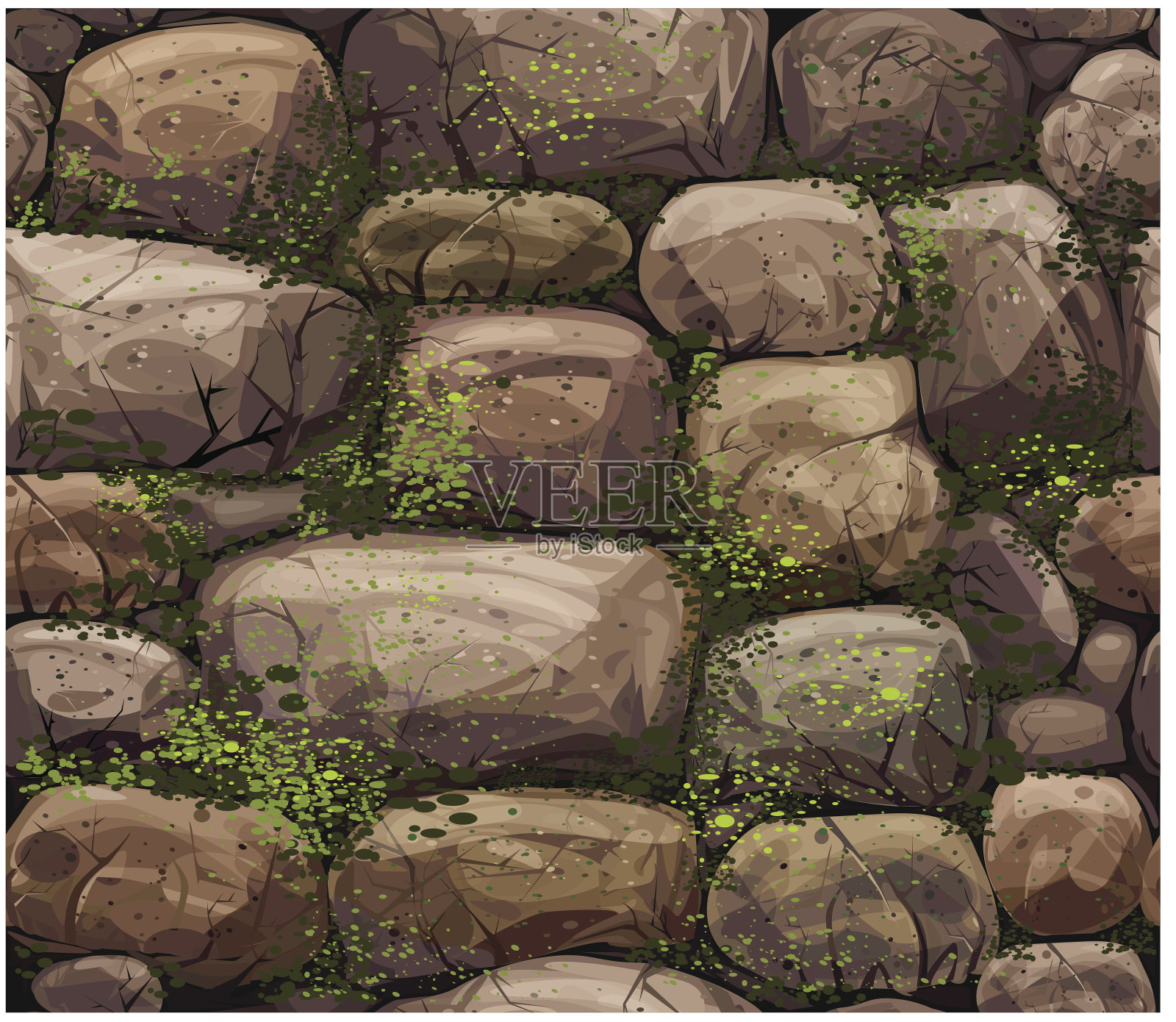 向量无缝纹理的石头覆盖苔藓。插画图片素材