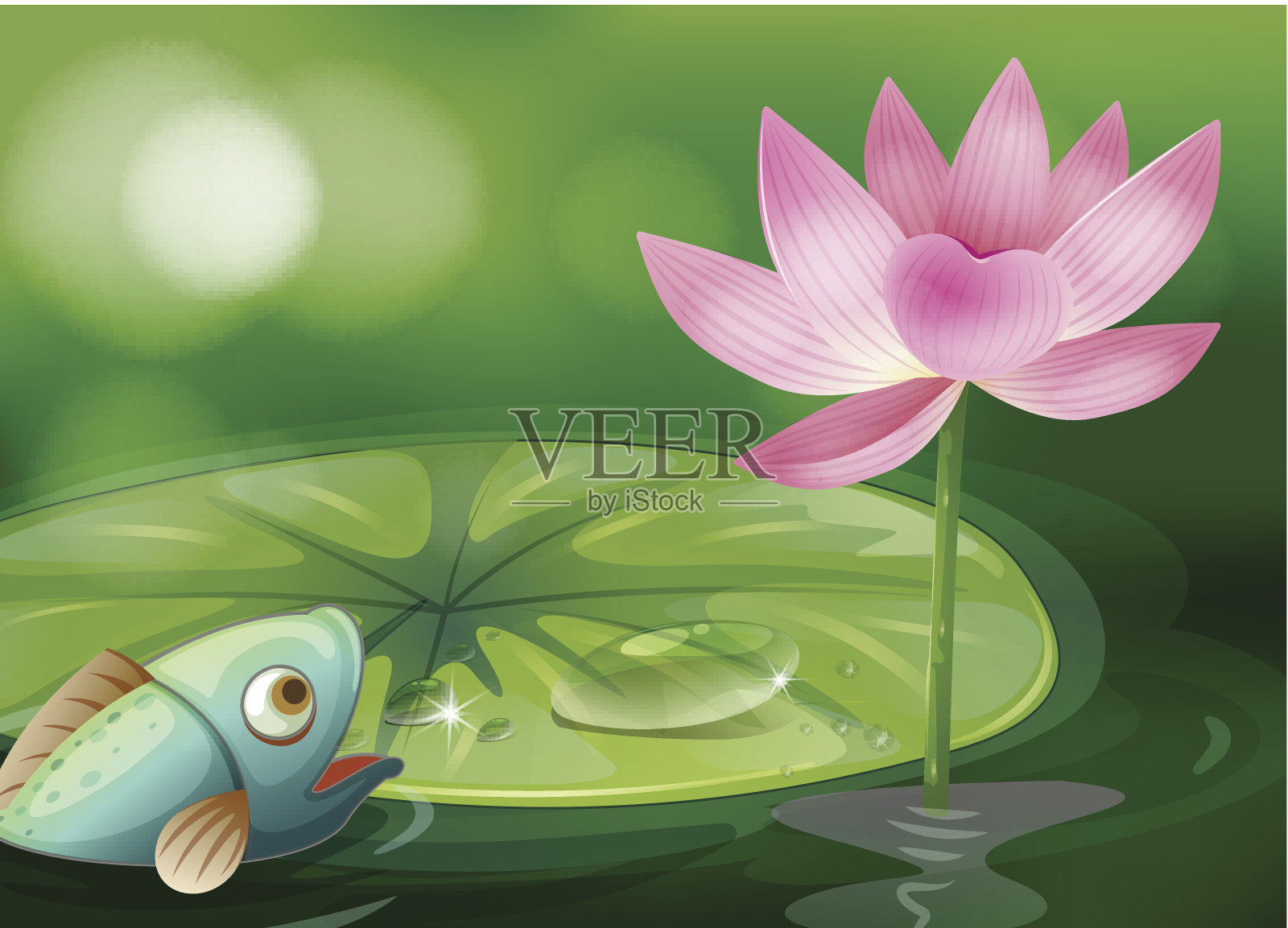 池塘边的鱼带着睡莲和花插画图片素材