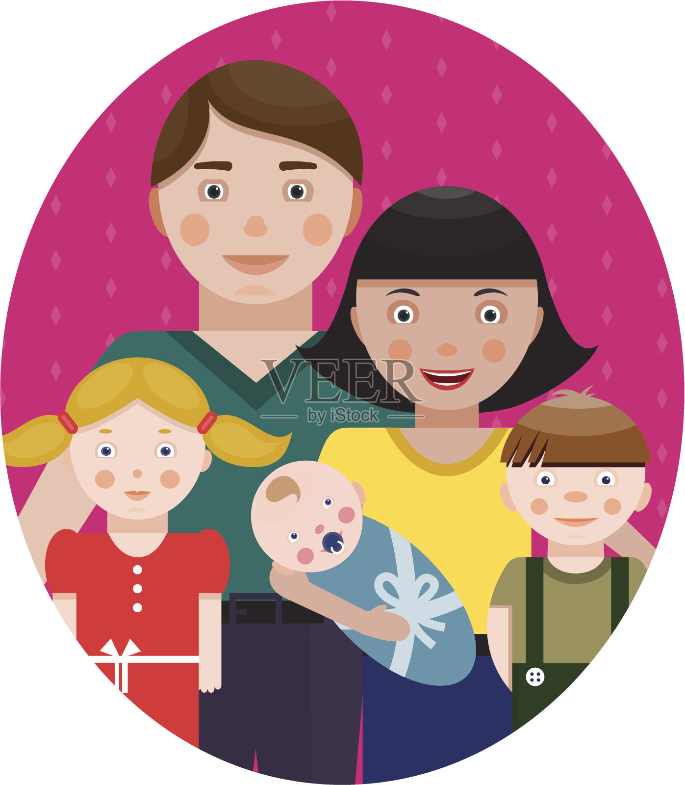 幸福的家庭和三个孩子的父母肖像插画图片素材
