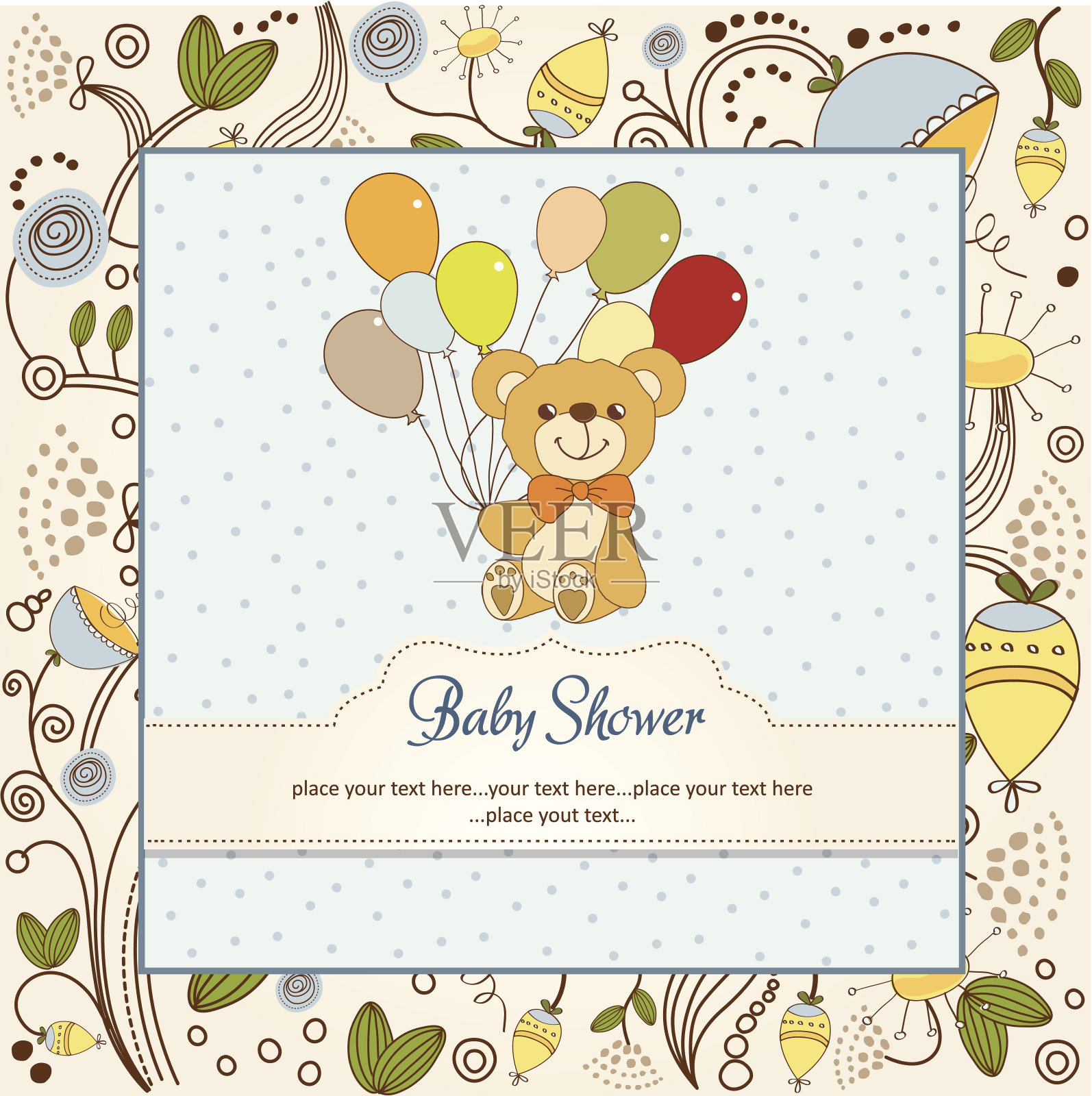 婴儿送礼卡和可爱的泰迪熊设计模板素材