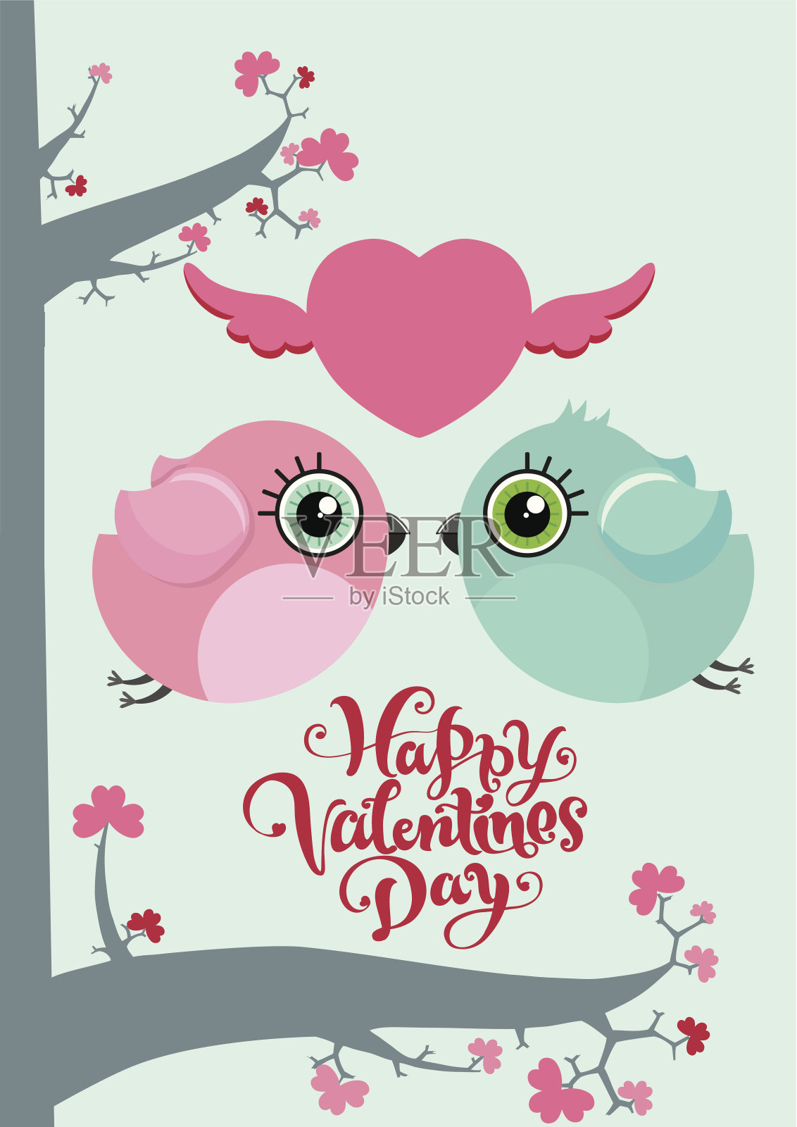 两只相爱的可爱小鸟，情人节的明信片。设计模板素材