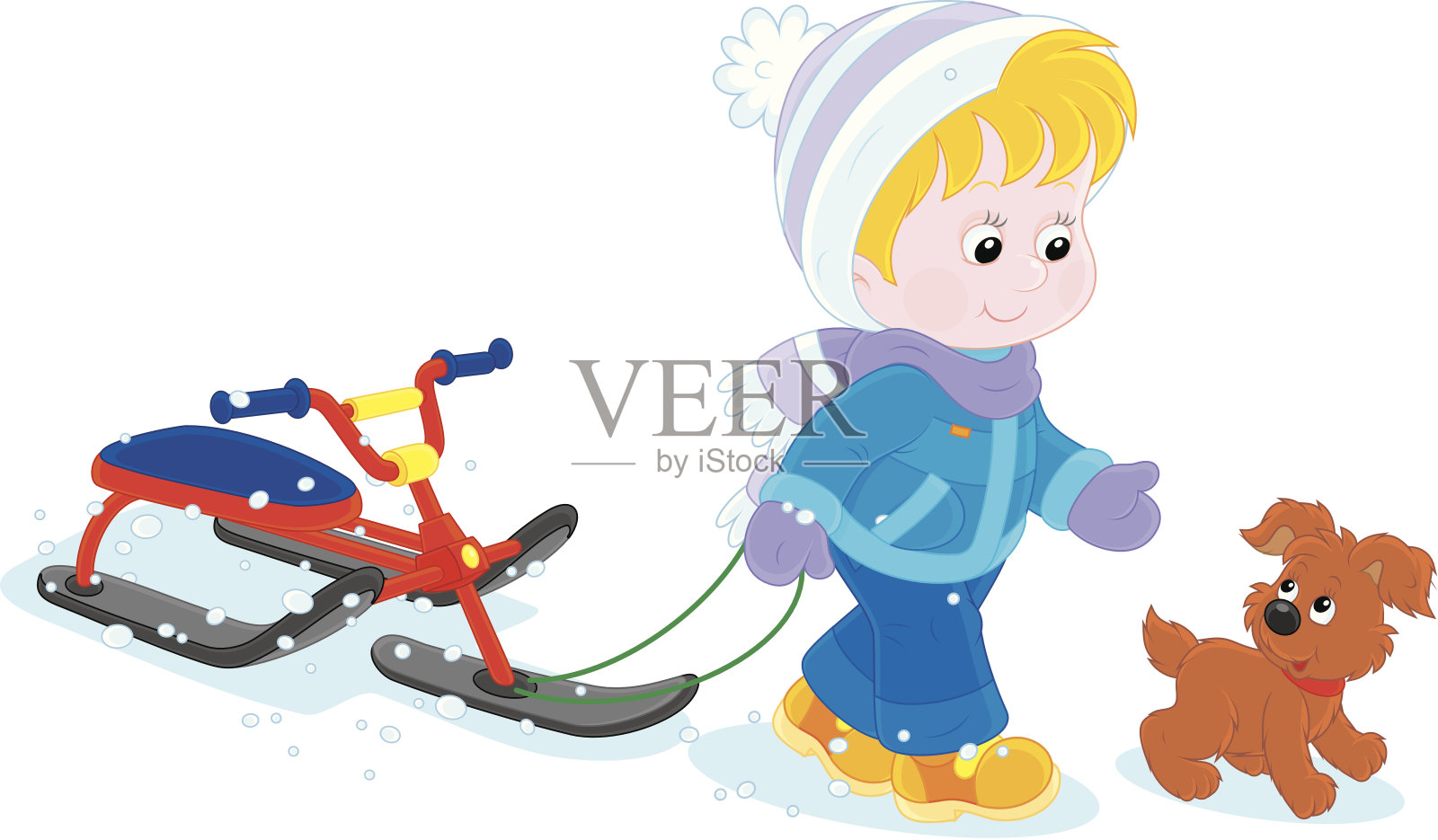 带着雪橇和小狗的孩子插画图片素材