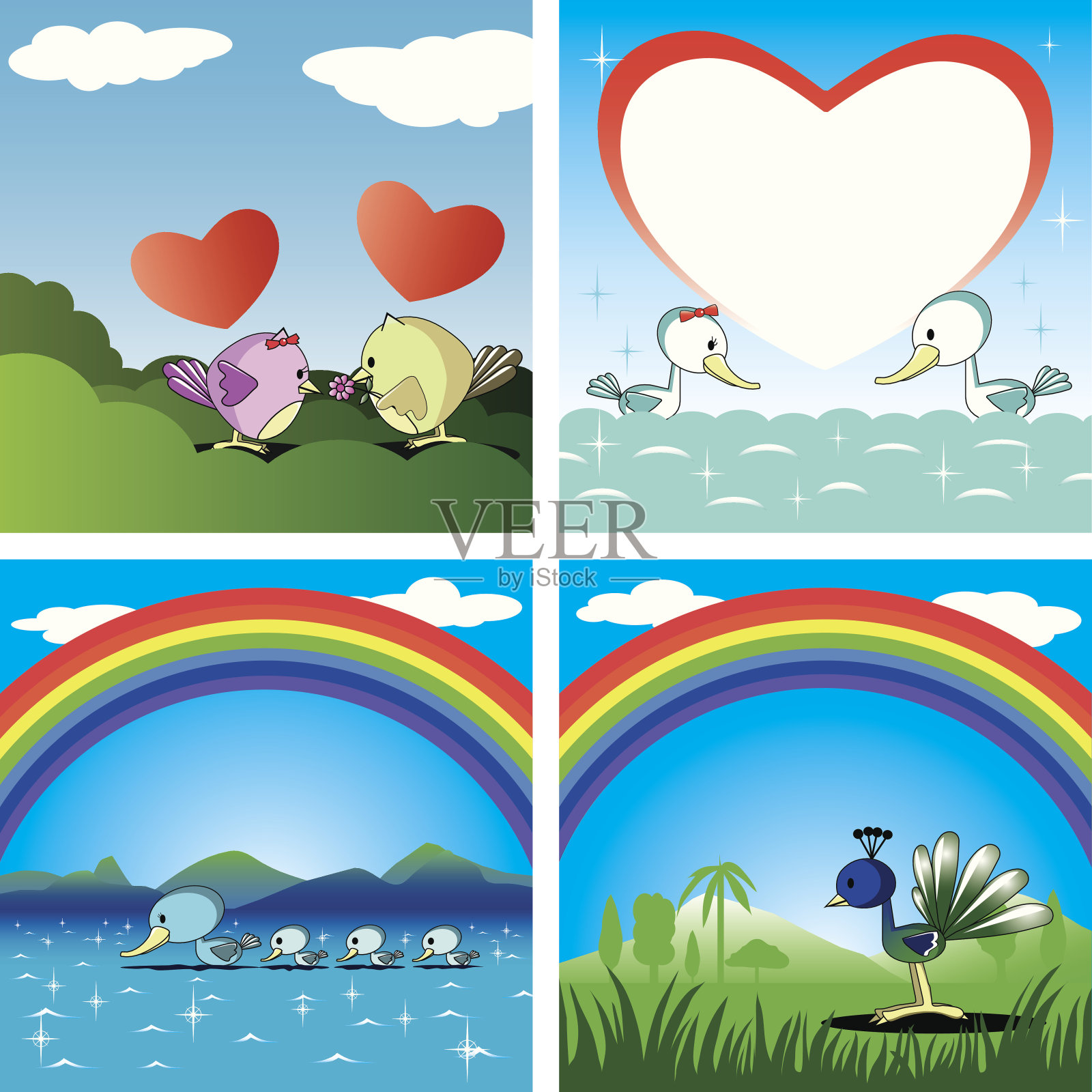 鸟儿在恋爱，彩虹插画图片素材