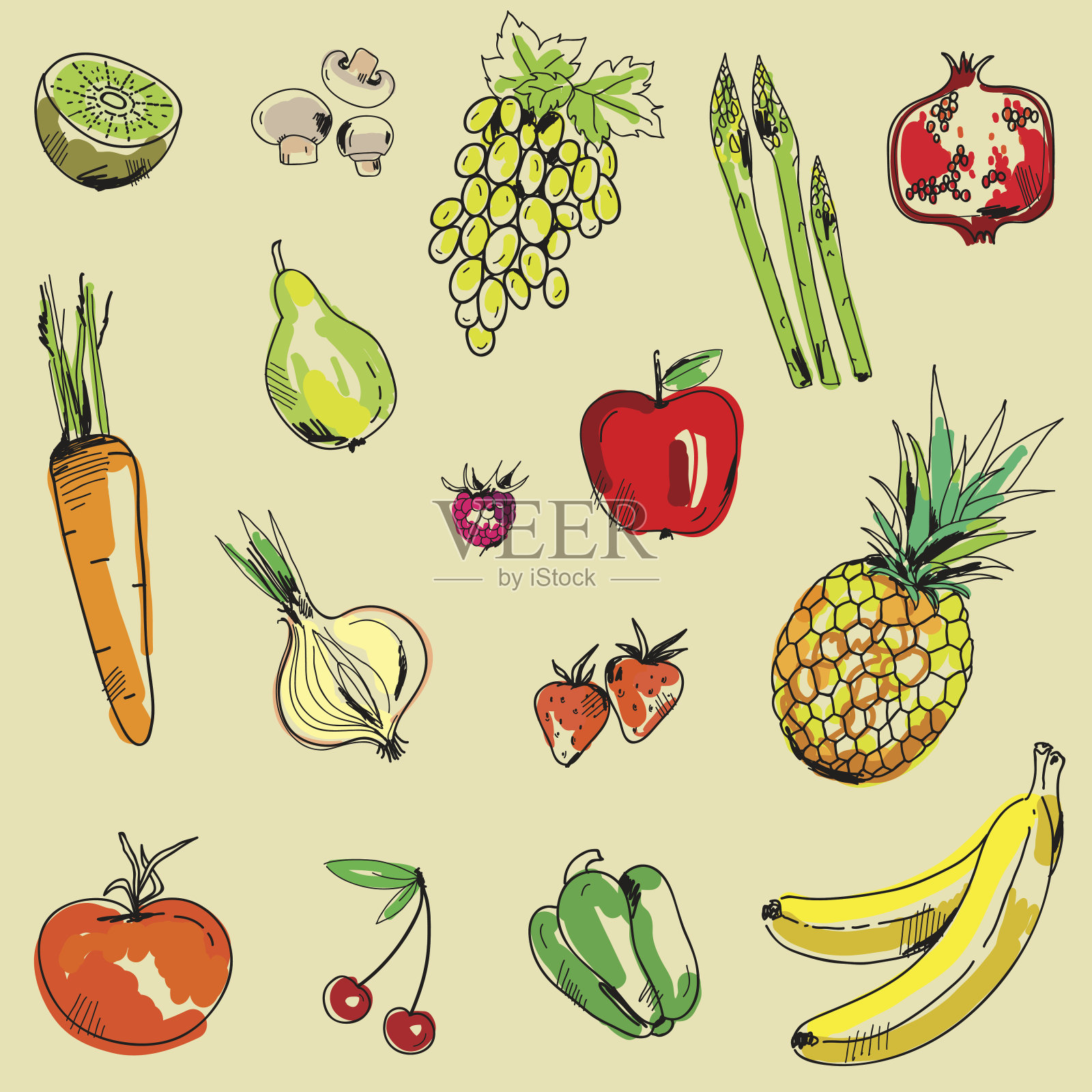 无缝背景与蔬菜和水果在矢量插画图片素材