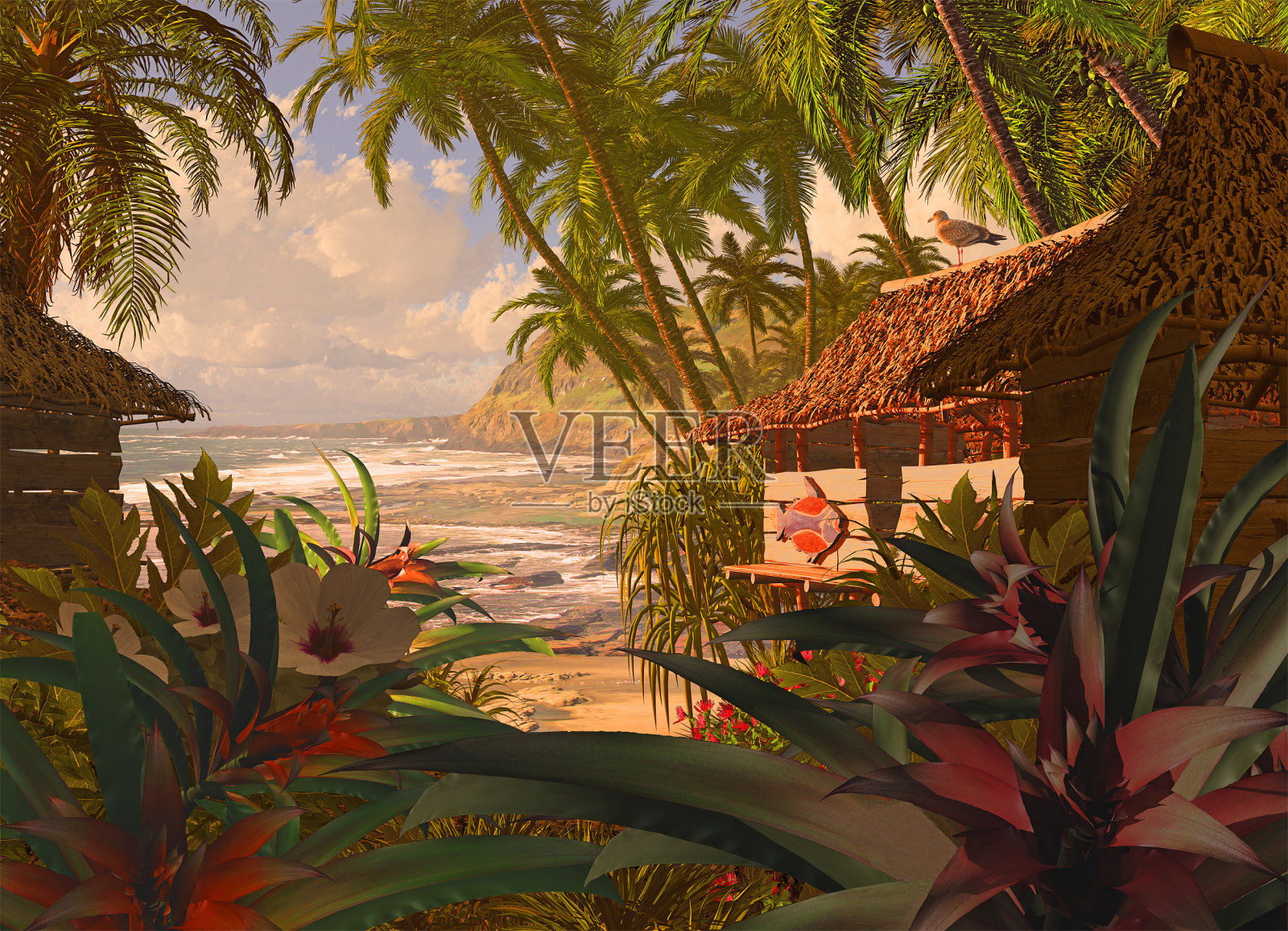 波利尼西亚海滩小屋插画图片素材