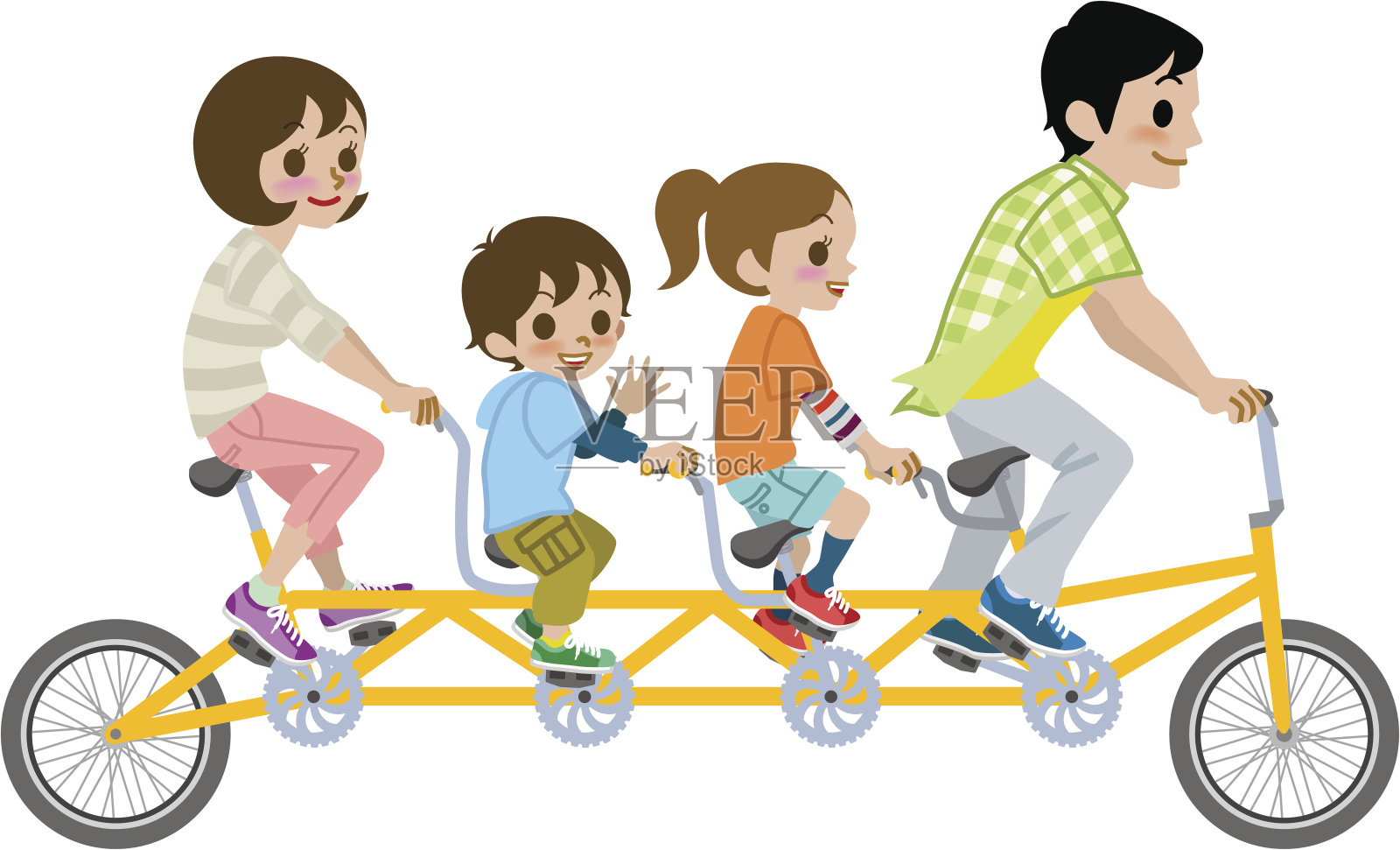 全家骑双人自行车，与世隔绝插画图片素材