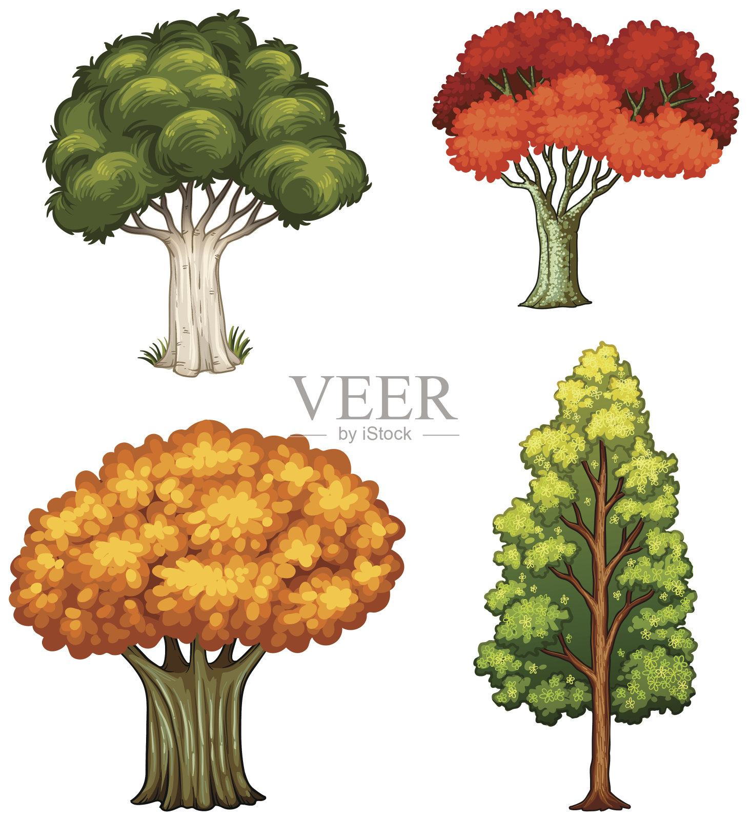 四棵不同颜色的树插画图片素材