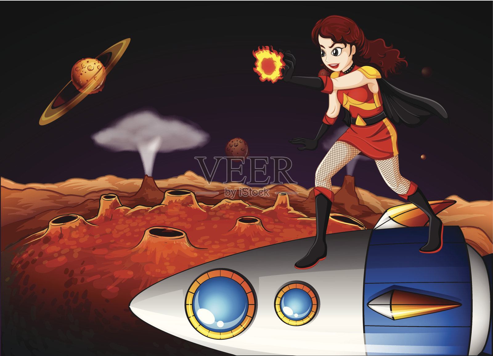 女超级英雄站在宇宙飞船上插画图片素材