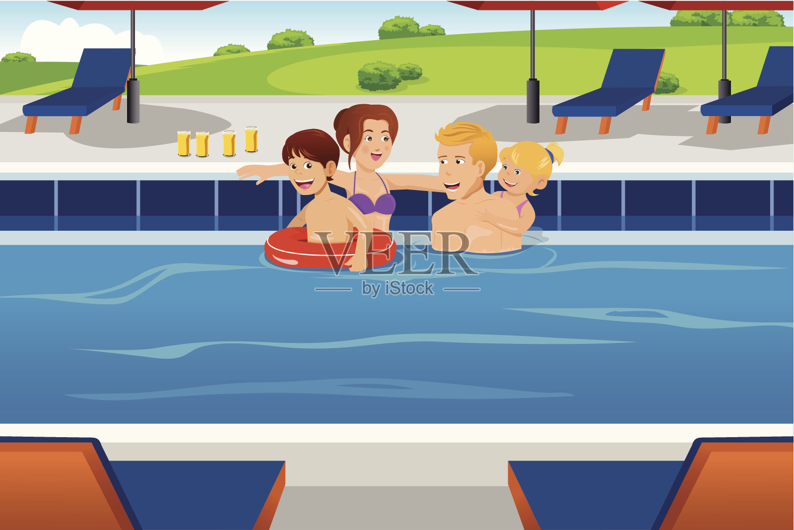 一家人在游泳池里玩插画图片素材