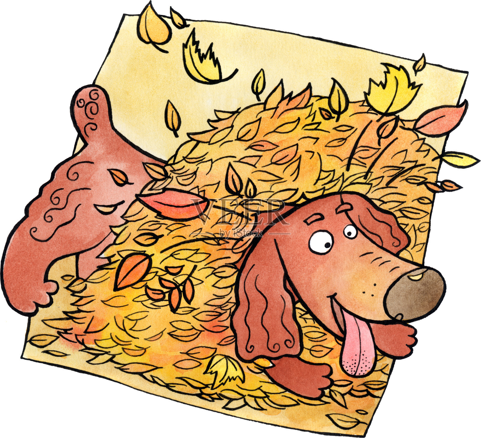 狗在一堆树叶上玩耍插画图片素材