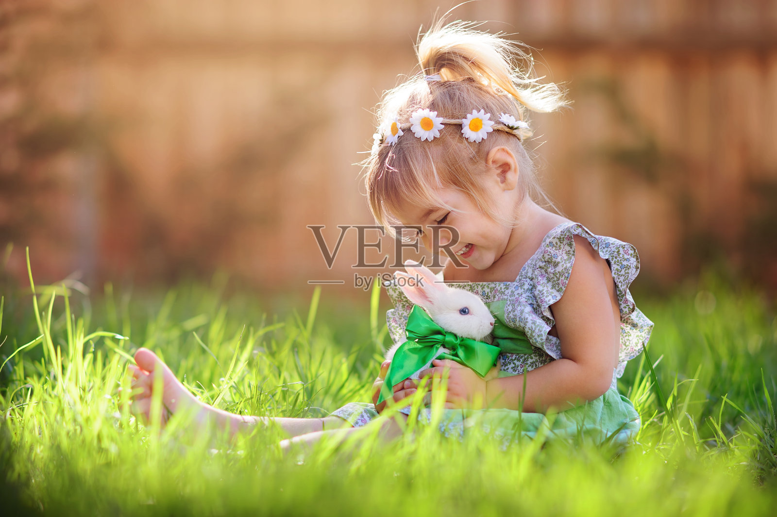 小女孩在草地上玩兔子照片摄影图片