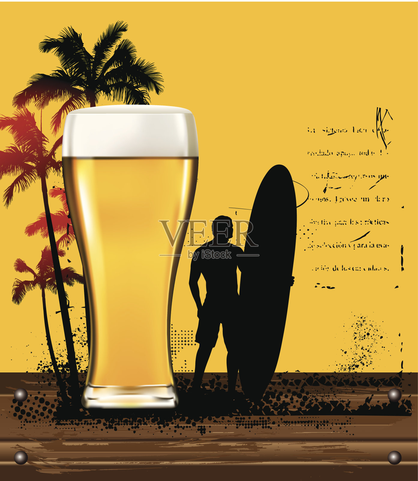 黄金啤酒海报与夏天的场景和冲浪者插画图片素材