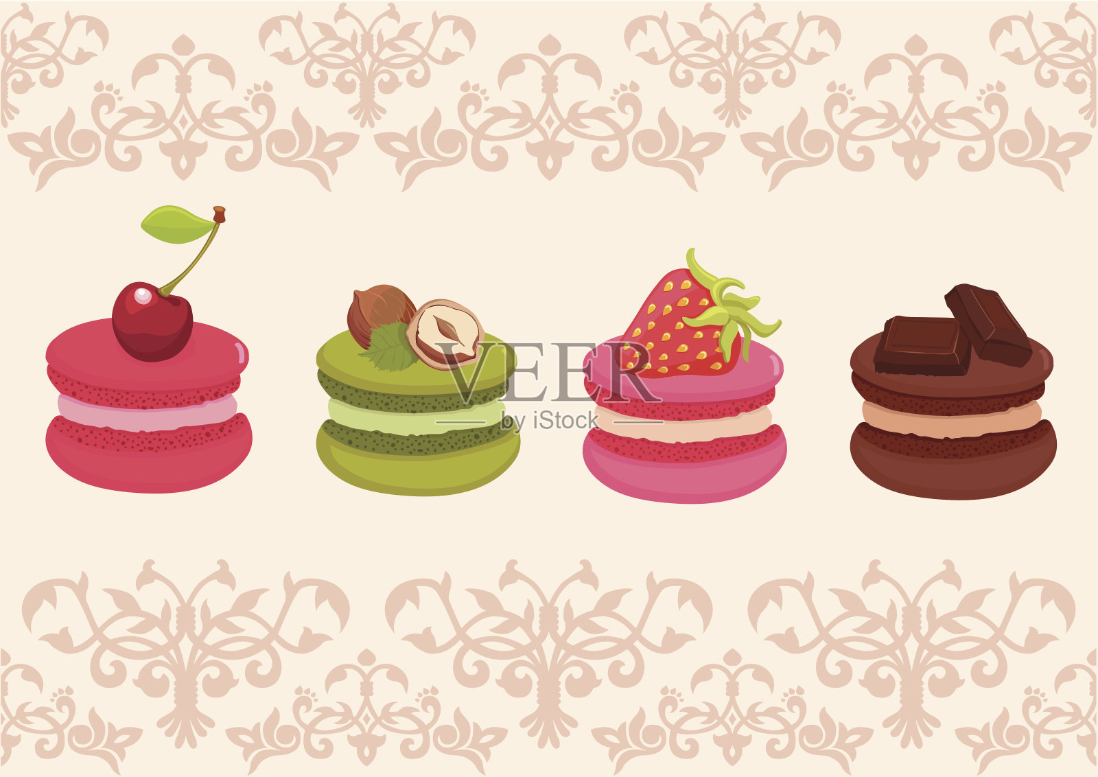 五颜六色的水果法式杏仁饼干。插画图片素材