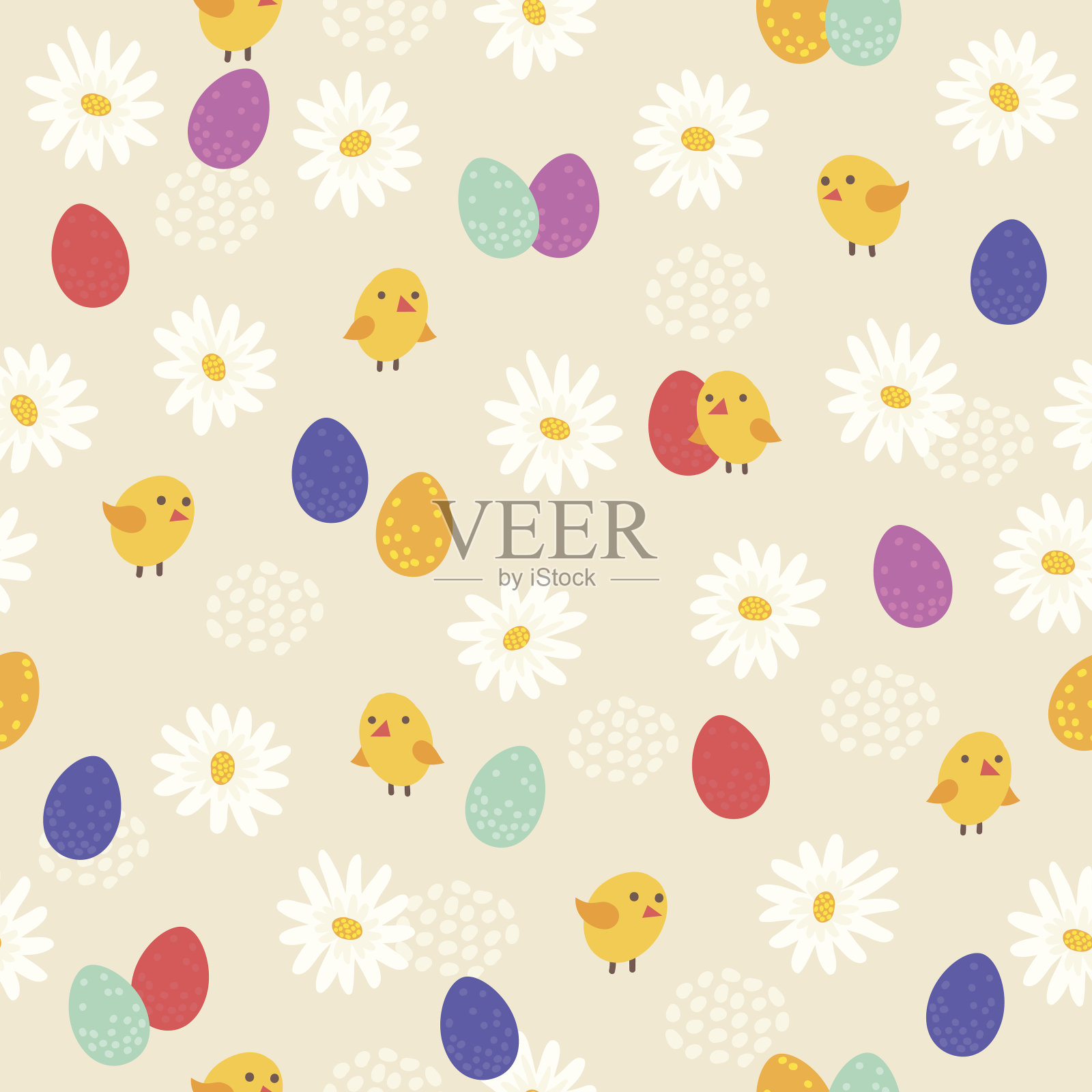 复活节无缝图案有花、蛋和鸡插画图片素材