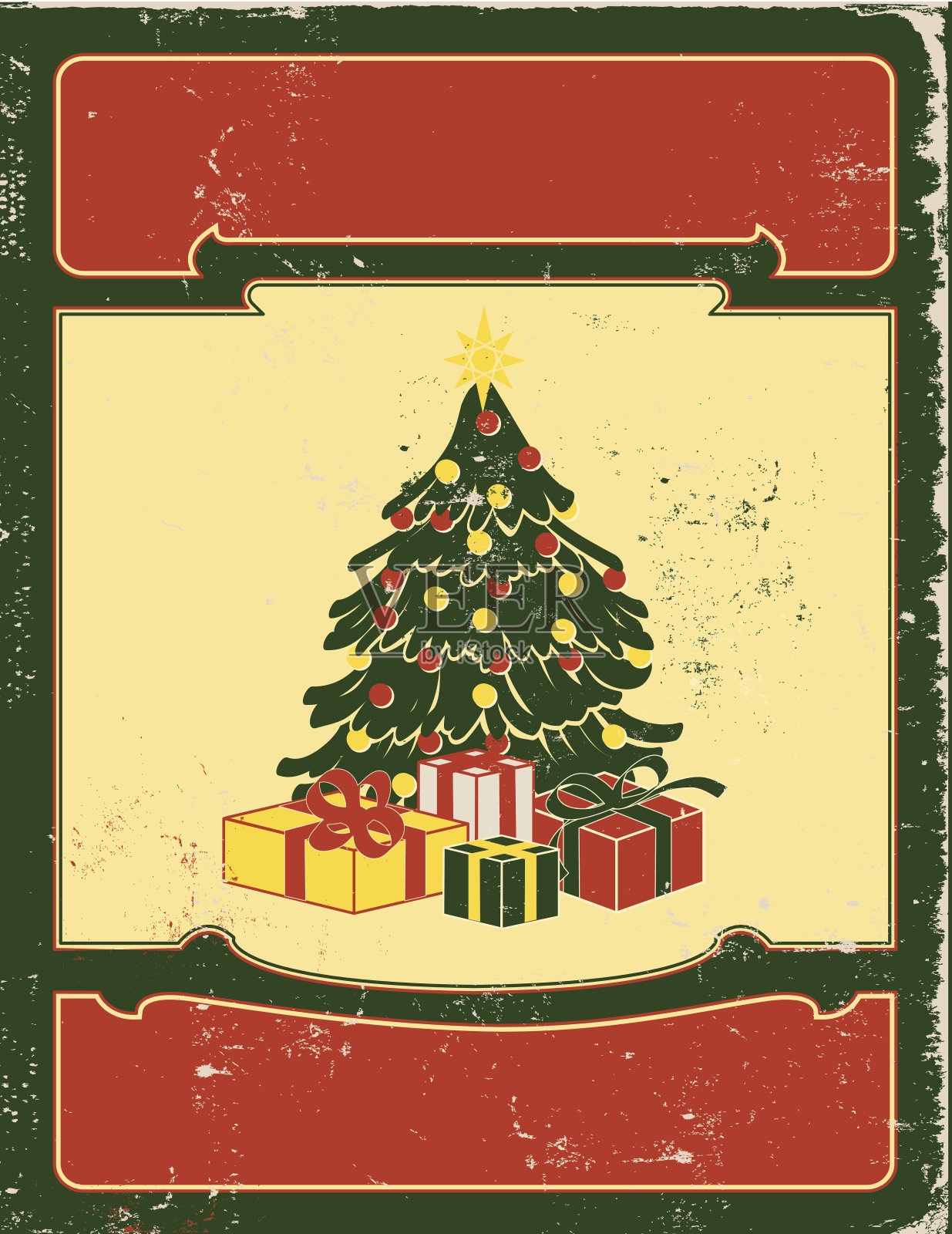 带有礼物和空白海报的复古圣诞树设计模板素材