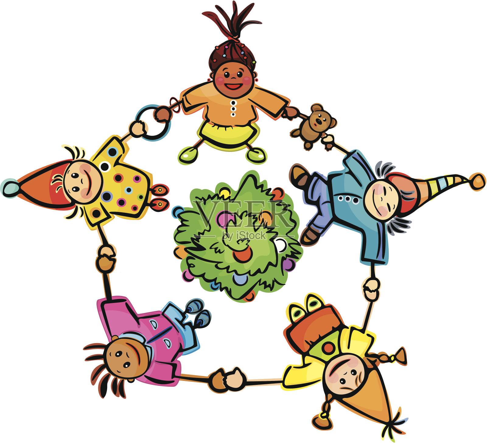 快乐的孩子们围着树跳舞!插画图片素材