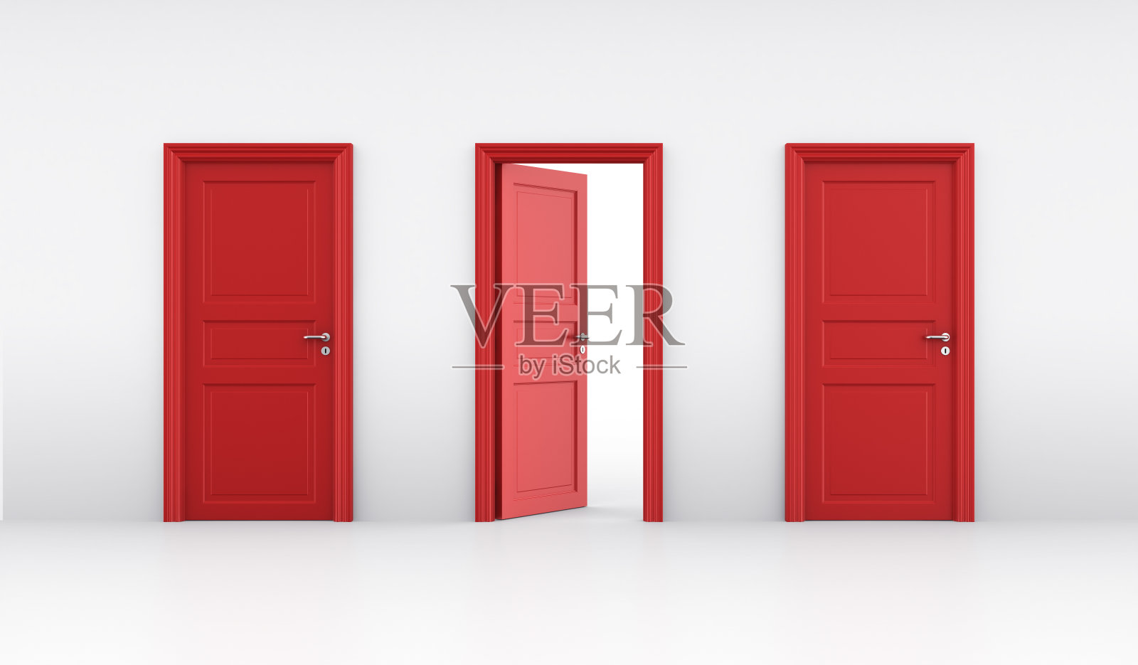三扇红色的门排成一条线，中间微微半掩照片摄影图片